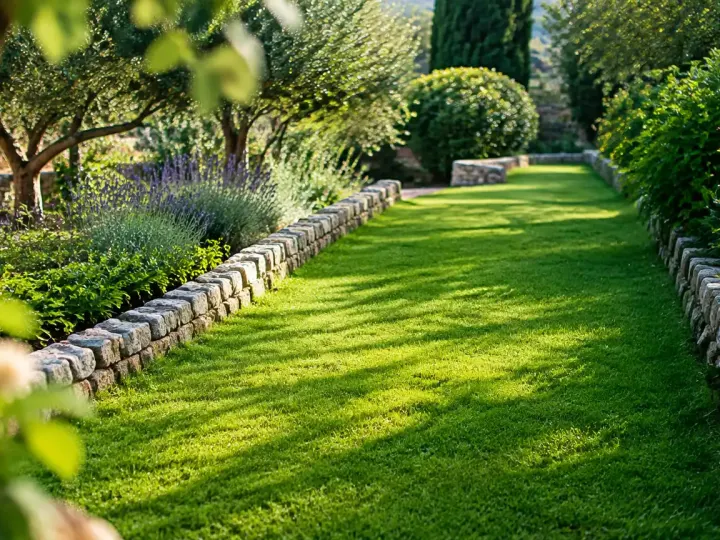Large tranchee herbeuse bordee de pierres dans un jardin