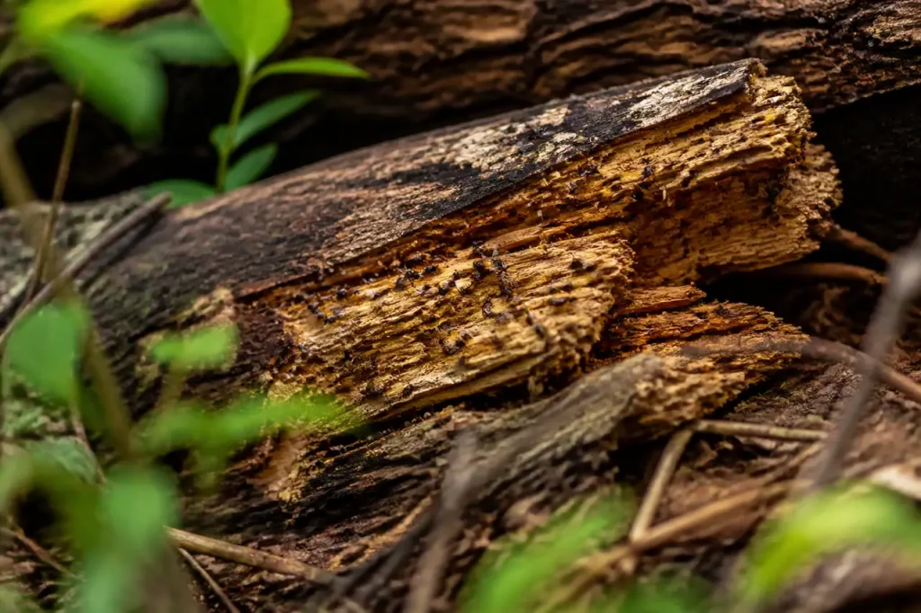 Tronc de bois fendu couvert de petits insectes