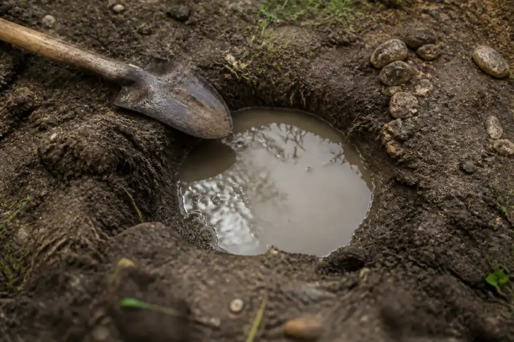 Trou rempli d'eau dans la terre avec une pelle