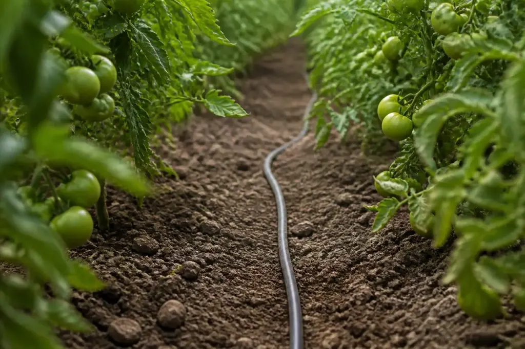 Tuyau goutte-a-goutte serpentant entre rangs de tomates