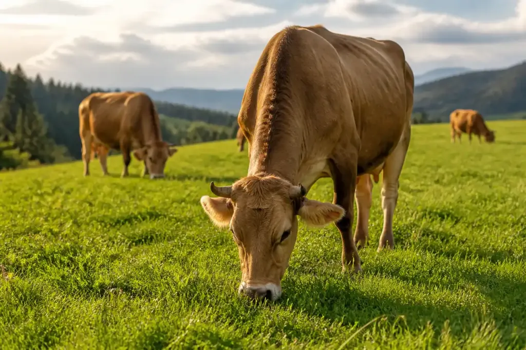 Vaches brunes paissant dans un pre verdoyant