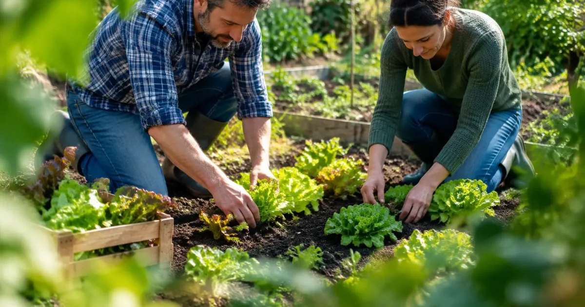 Deux voisins agenouillés repiquant des salades dans un potager