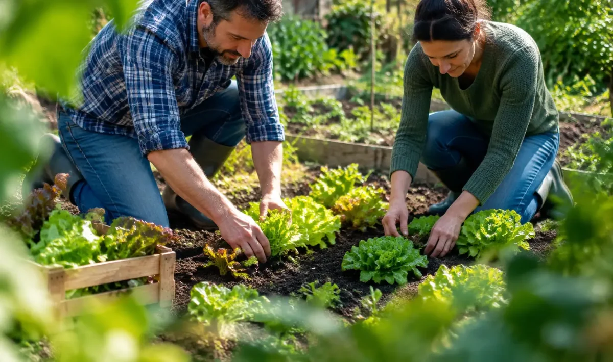 Deux voisins agenouillés repiquant des salades dans un potager