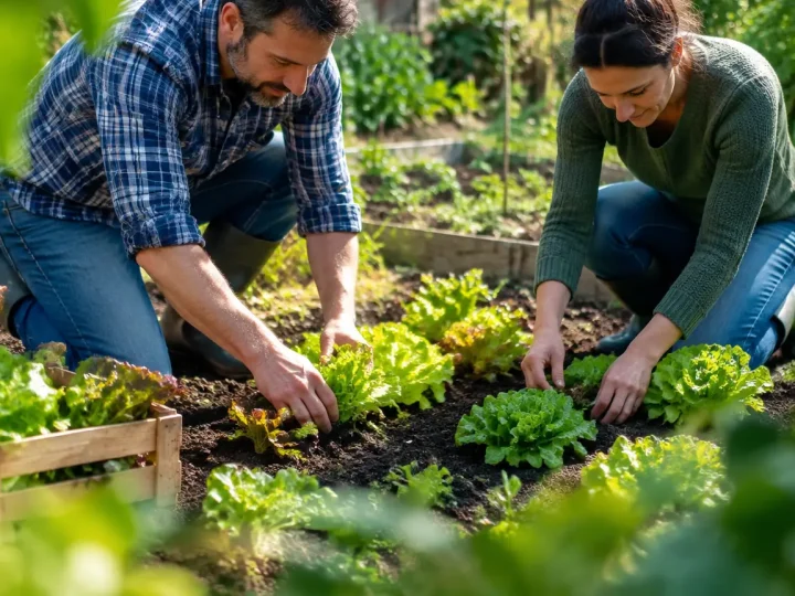 Deux voisins agenouillés repiquant des salades dans un potager